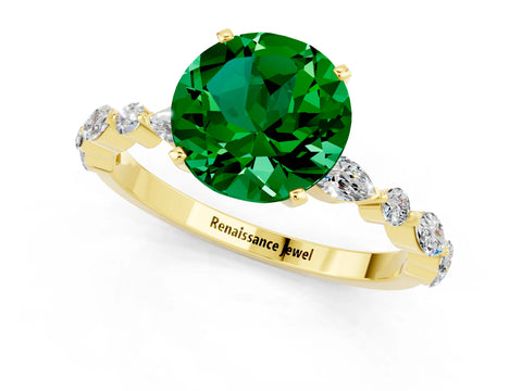 Yellow gold Round Cut Emerald Solitaire with Side Stones on a Pavé Band and Four-Prong Setting_1
