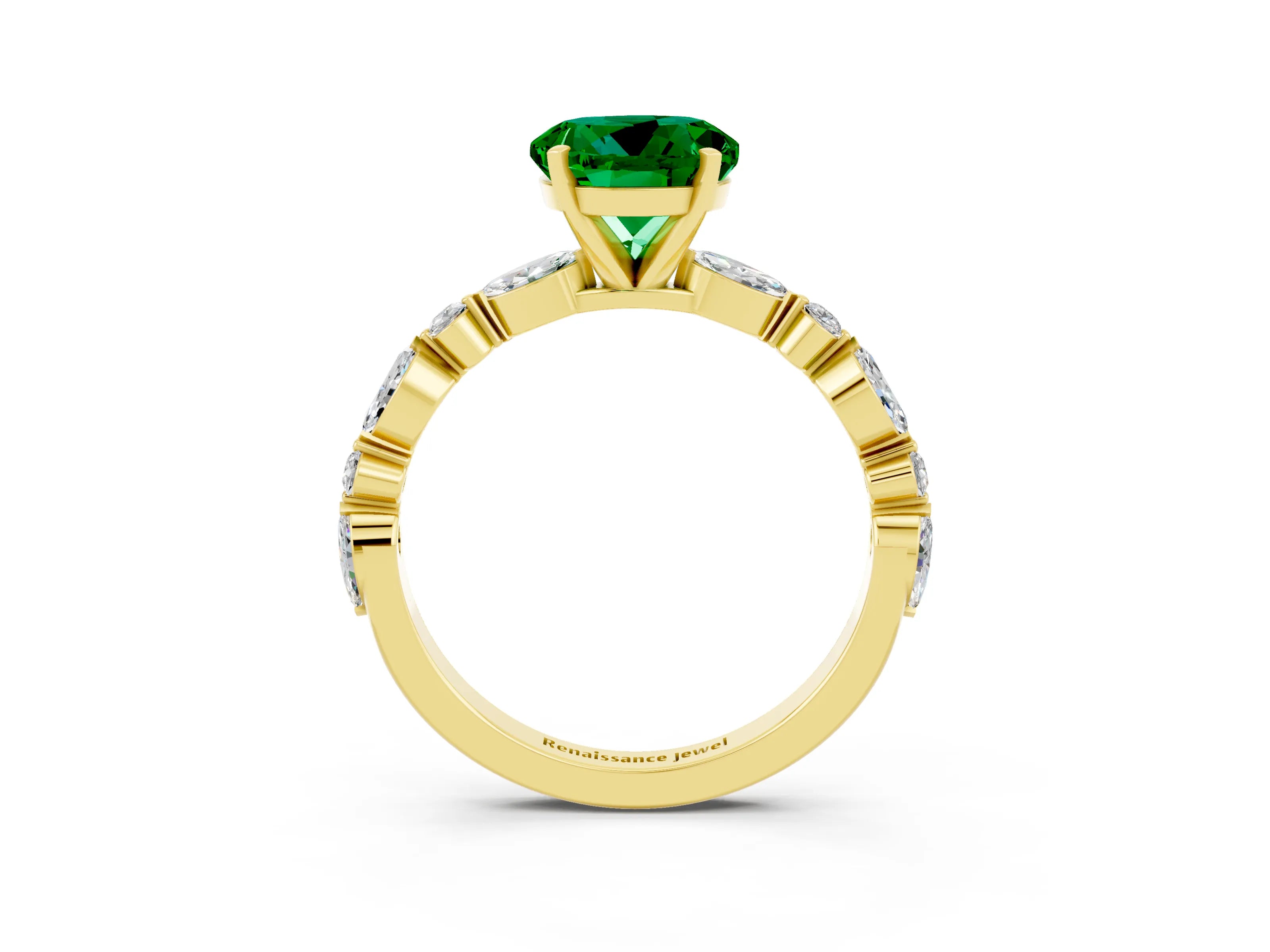 Yellow gold Round Cut Emerald Solitaire with Side Stones on a Pavé Band and Four-Prong Setting_3