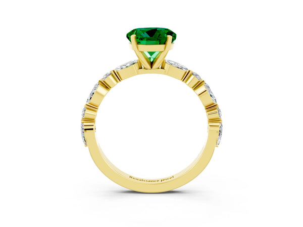 Yellow gold Round Cut Emerald Ring with Marquise and Round  Side Stones and Four-Prong Setting