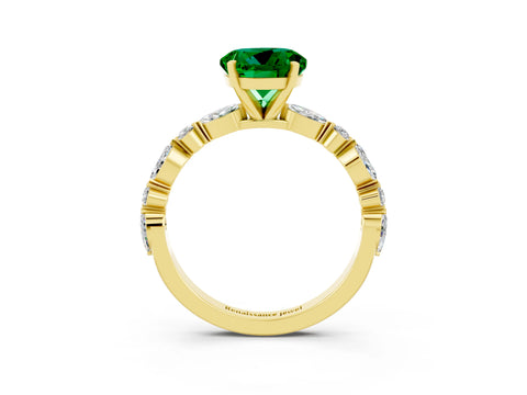 Yellow gold Round Cut Emerald Solitaire with Side Stones on a Pavé Band and Four-Prong Setting_3
