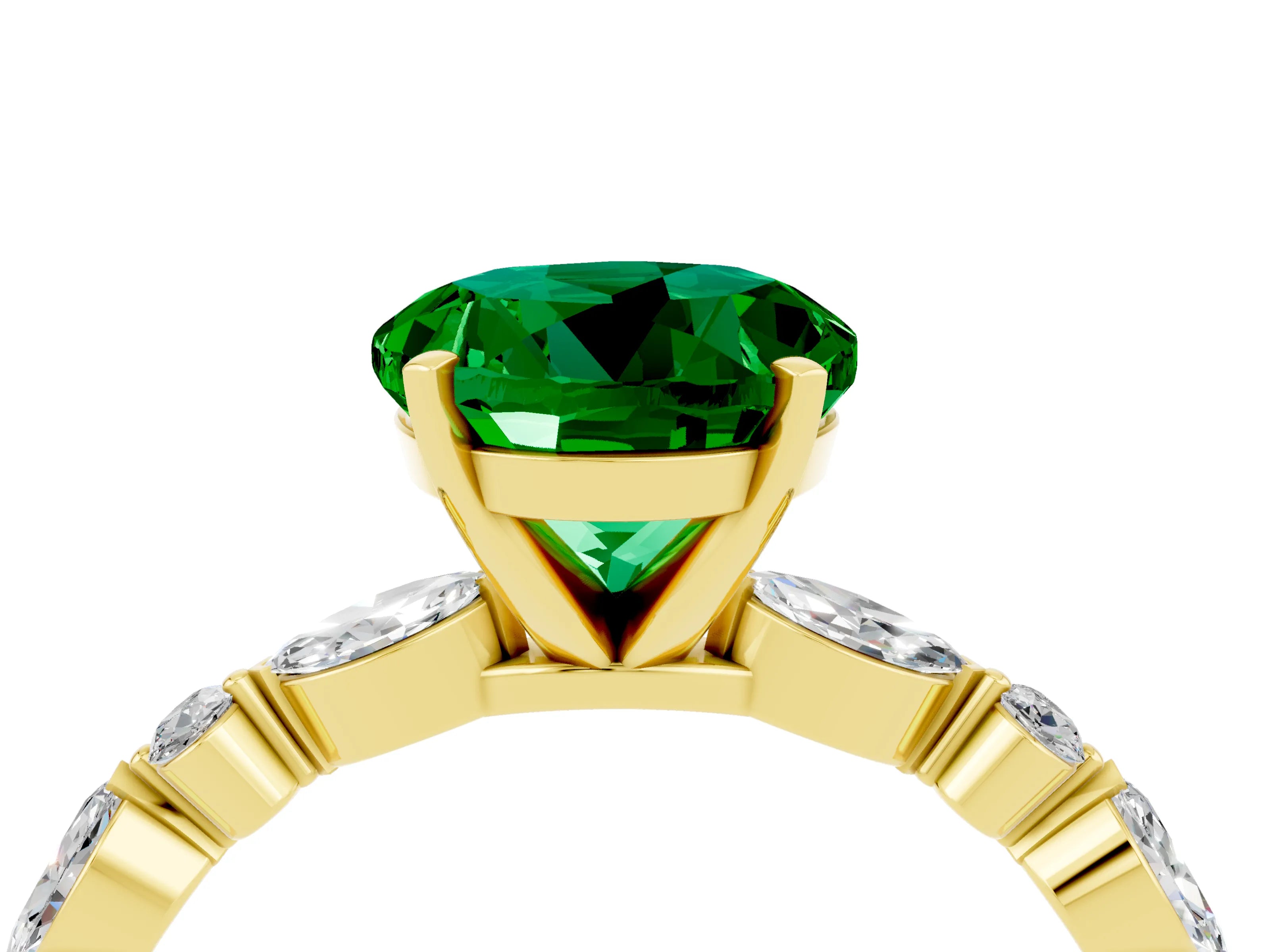 Yellow gold Round Cut Emerald Solitaire with Side Stones on a Pavé Band and Four-Prong Setting_4
