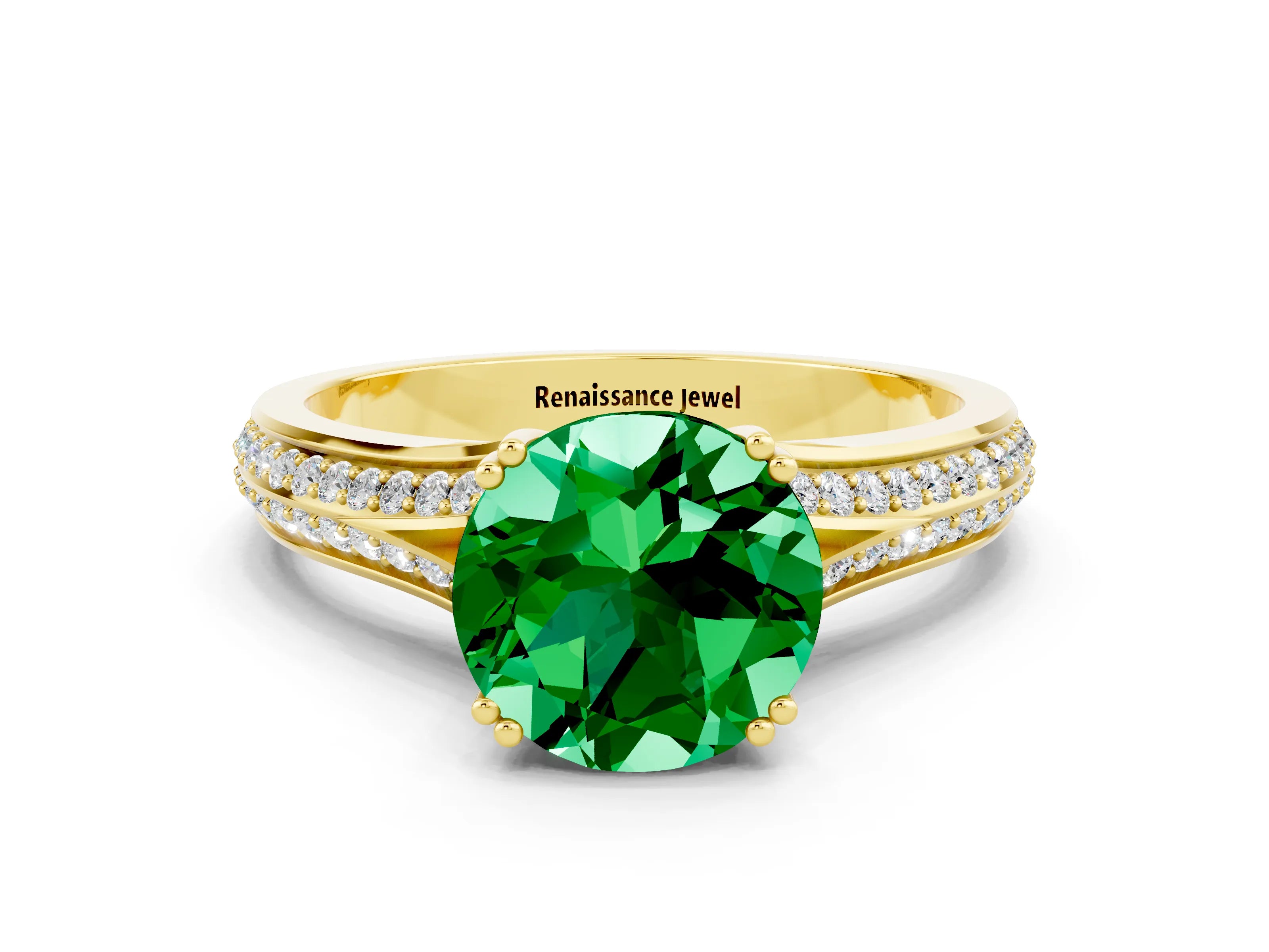 Yellow gold Round Cut Emerald Split Shank Engagement Ring with Pavé Band
