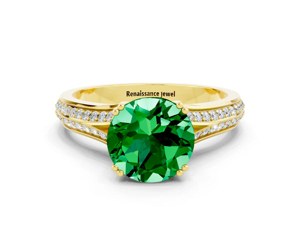 Yellow gold Round Cut Emerald Split Shank Engagement Ring with Pavé Band