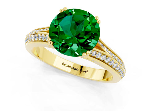 Yellow gold Round Cut Emerald Split Shank Engagement Ring with Pavé Band_1