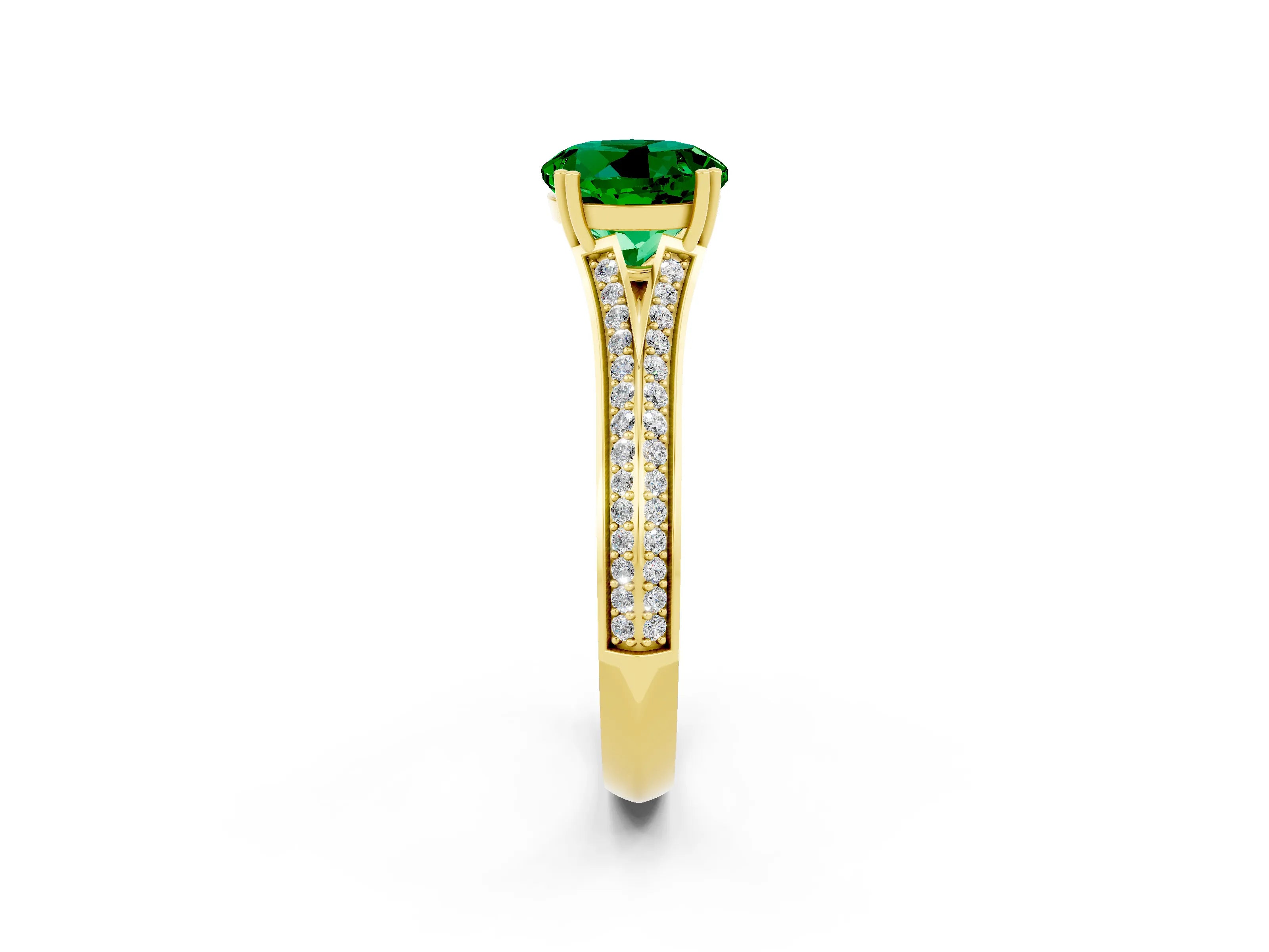 Yellow gold Round Cut Emerald Split Shank Engagement Ring with Pavé Band_2
