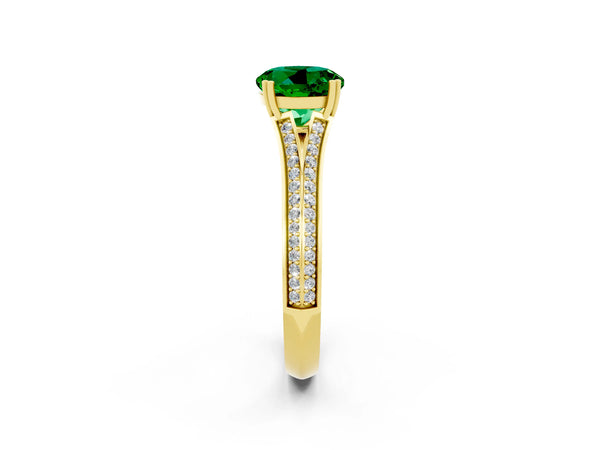 Yellow gold Round Cut Emerald Split Shank Engagement Ring with Pavé Band