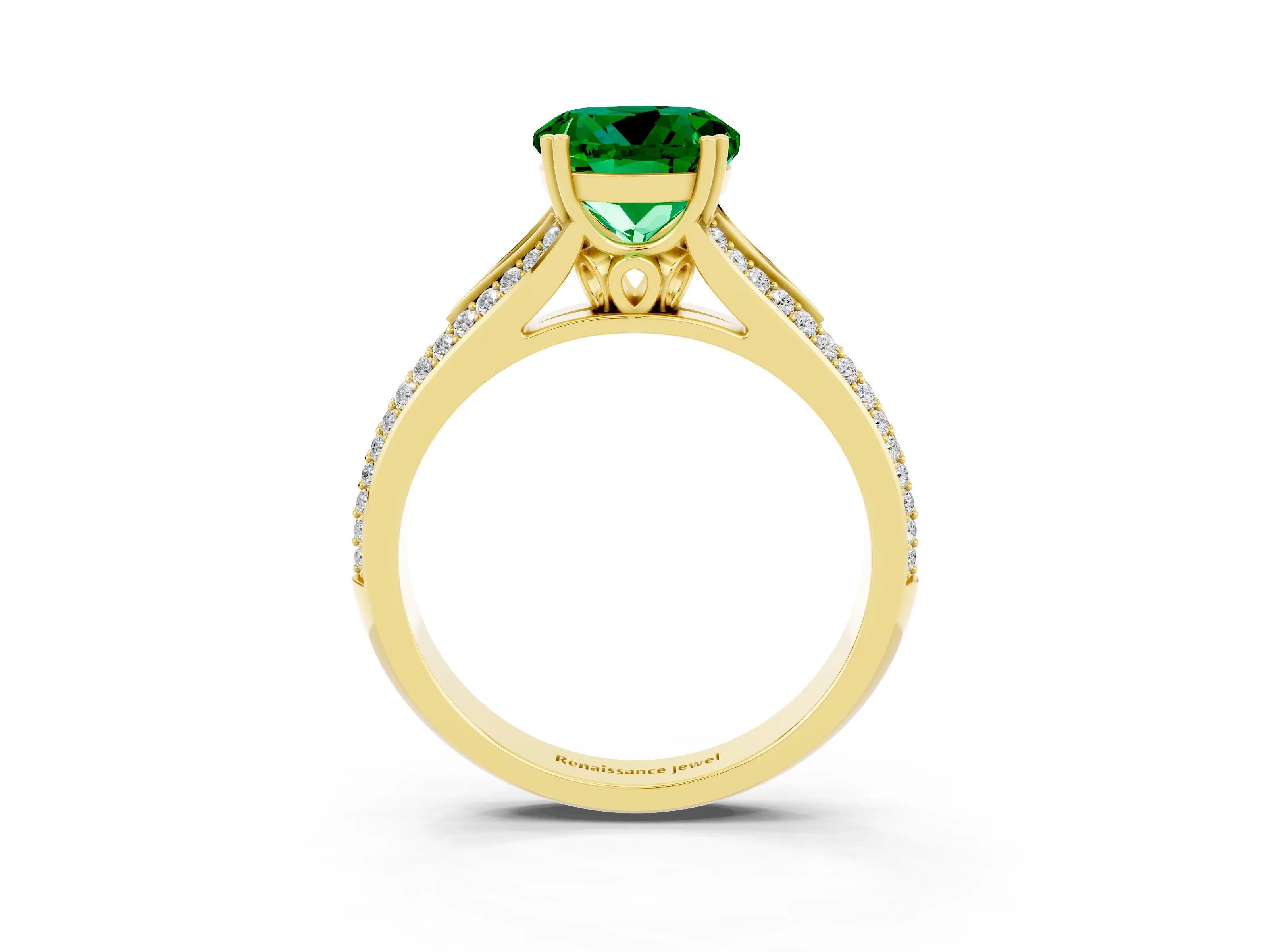Yellow gold Round Cut Emerald Split Shank Engagement Ring with Pavé Band_3