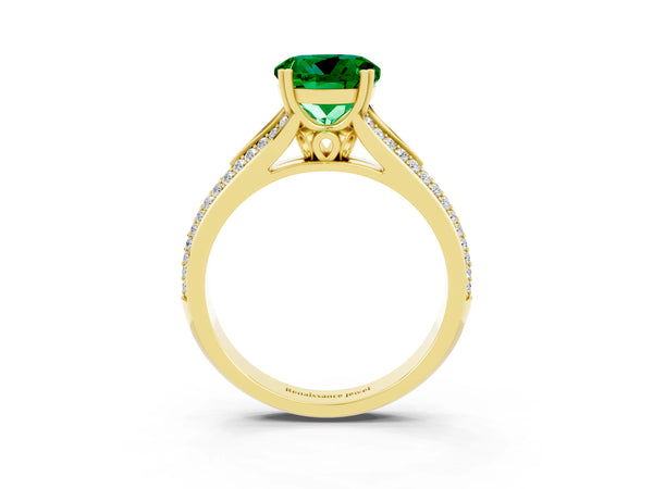 Yellow gold Round Cut Emerald Split Shank Engagement Ring with Pavé Band