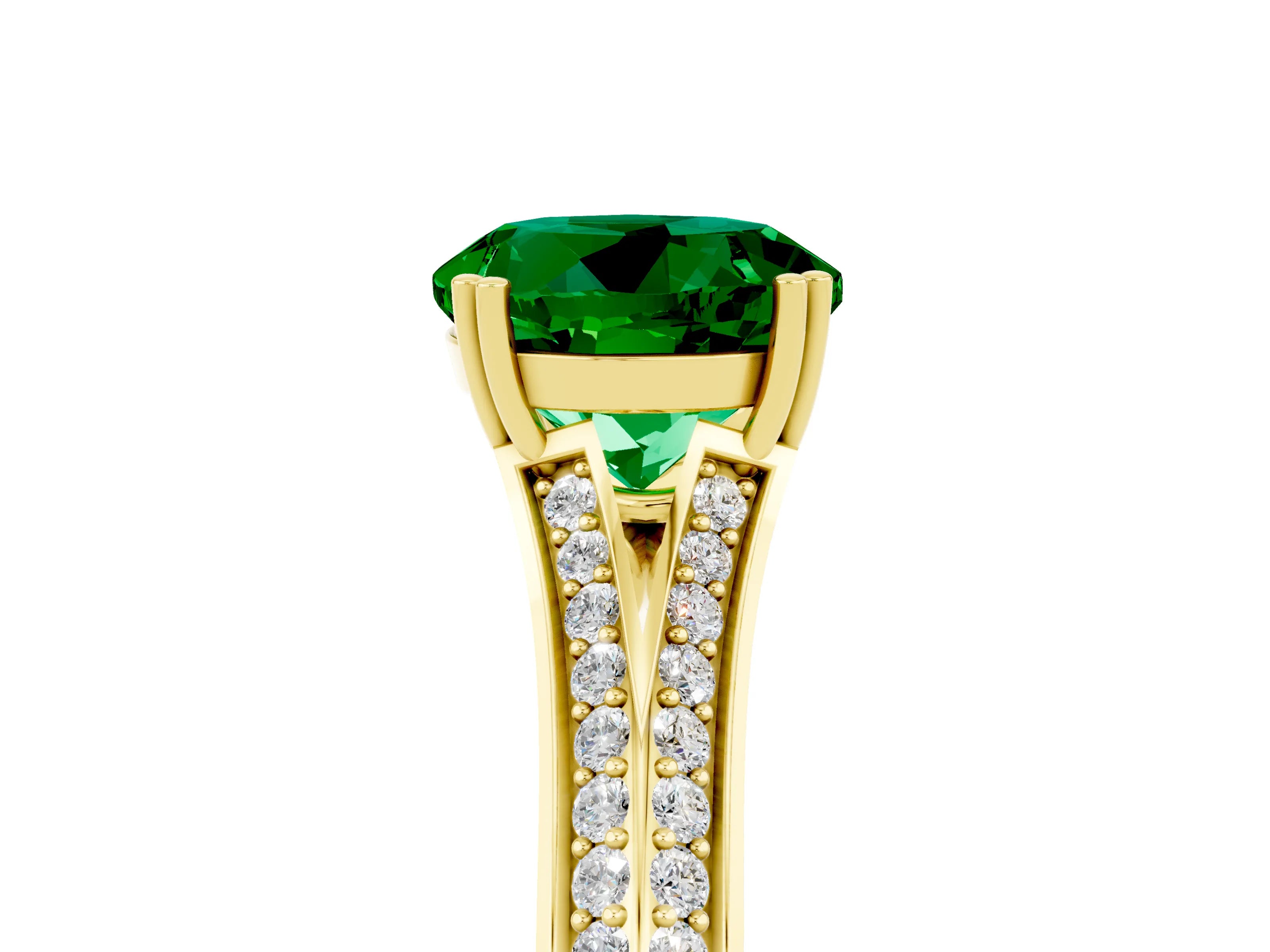Yellow gold Round Cut Emerald Split Shank Engagement Ring with Pavé Band_5