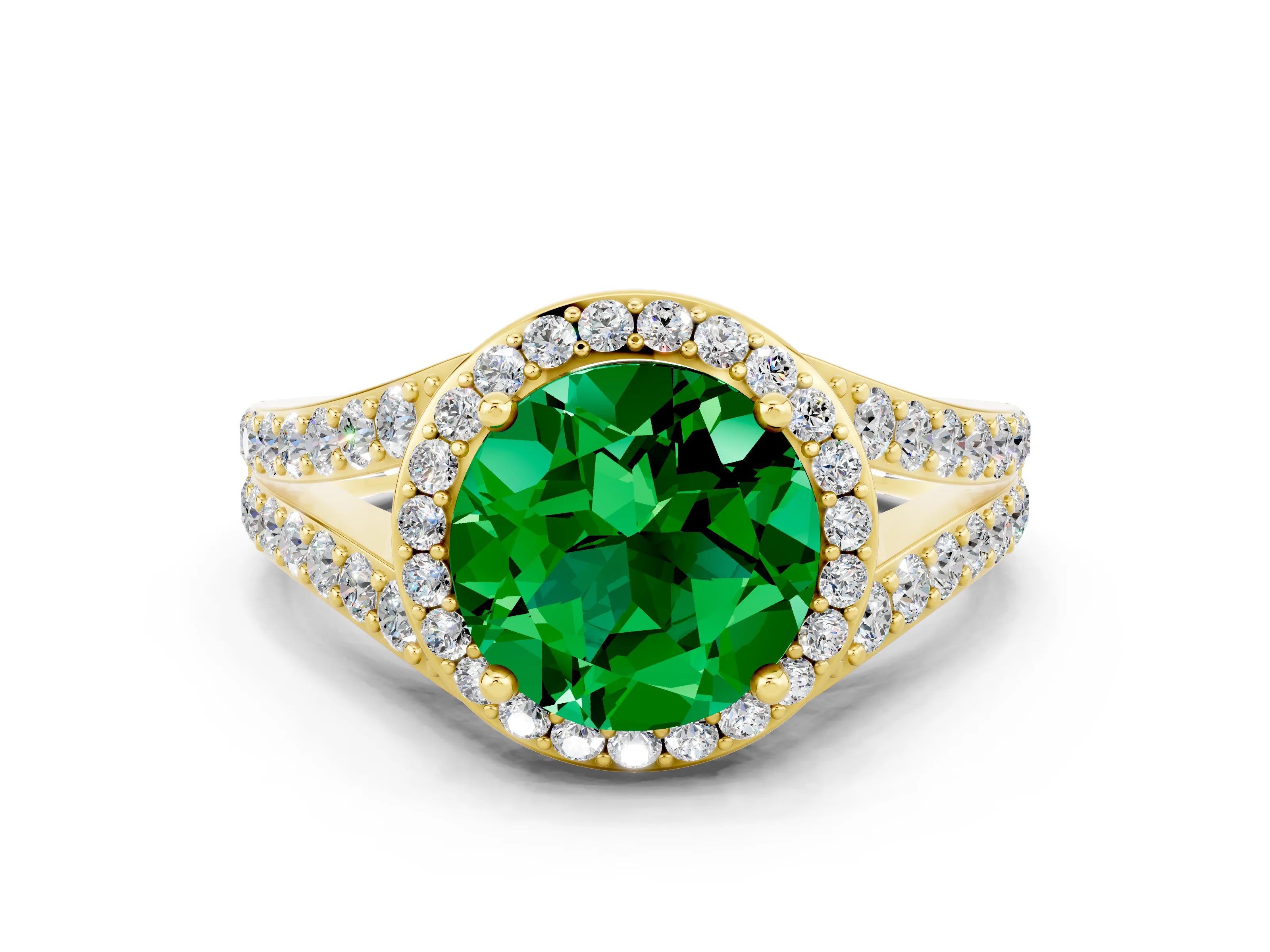 Yellow gold Round Cut Emerald Split Shank Halo Ring with Four-Prong Setting_12
