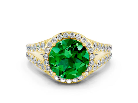 Yellow gold Round Cut Emerald Split Shank Halo Ring with Four-Prong Setting_12