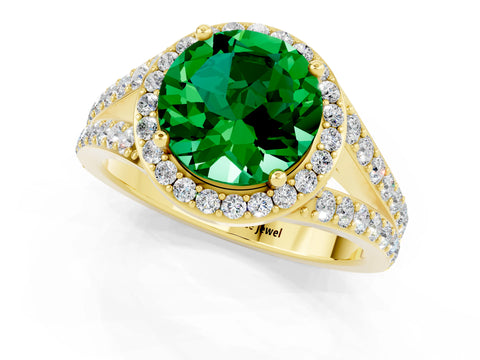 Yellow gold Round Cut Emerald Split Shank Halo Ring with Four-Prong Setting_13