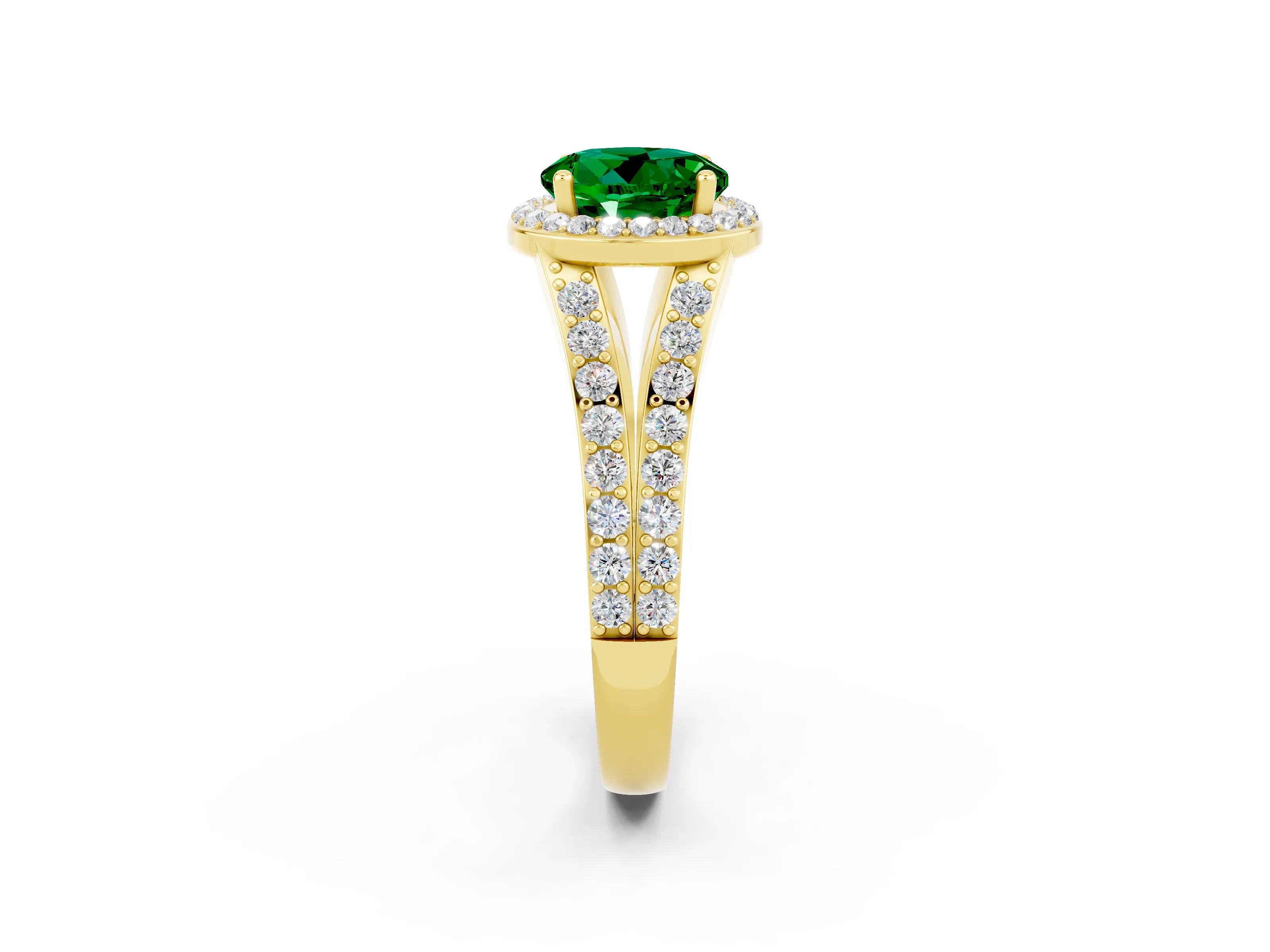Yellow gold Round Cut Emerald Split Shank Halo Ring with Four-Prong Setting_14