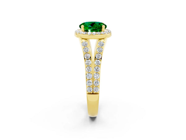 Yellow gold Round Cut Emerald Split Shank Halo Ring with Four-Prong Setting