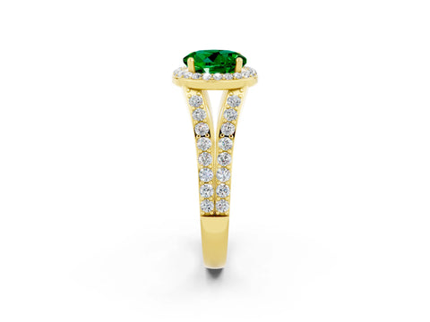 Yellow gold Round Cut Emerald Split Shank Halo Ring with Four-Prong Setting_14