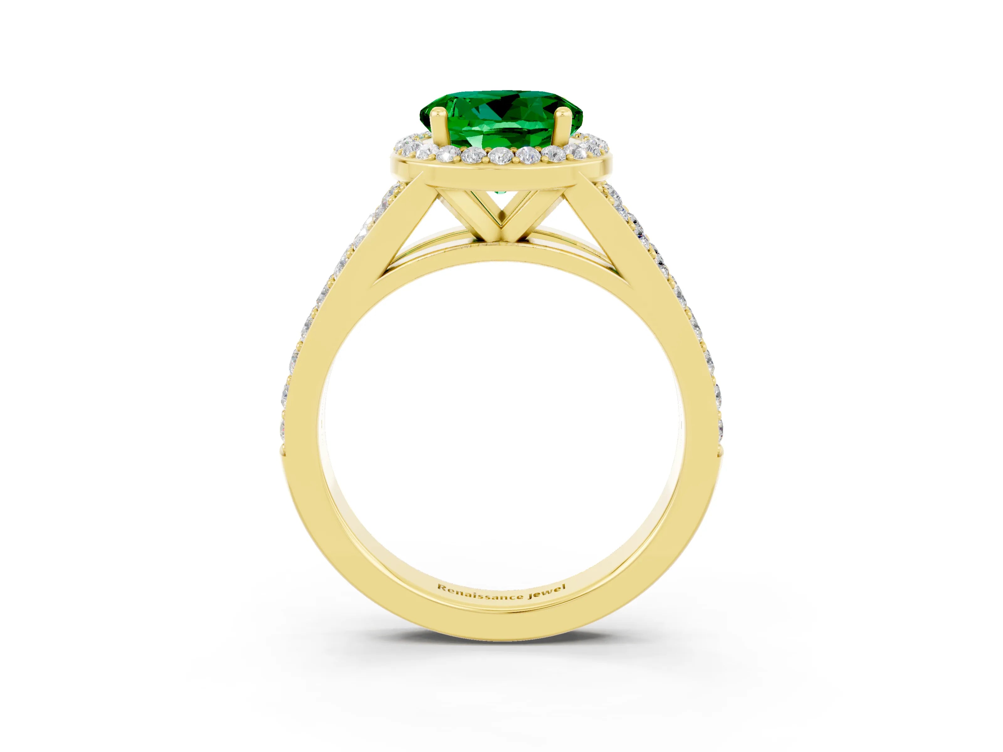 Yellow gold Round Cut Emerald Split Shank Halo Ring with Four-Prong Setting_15