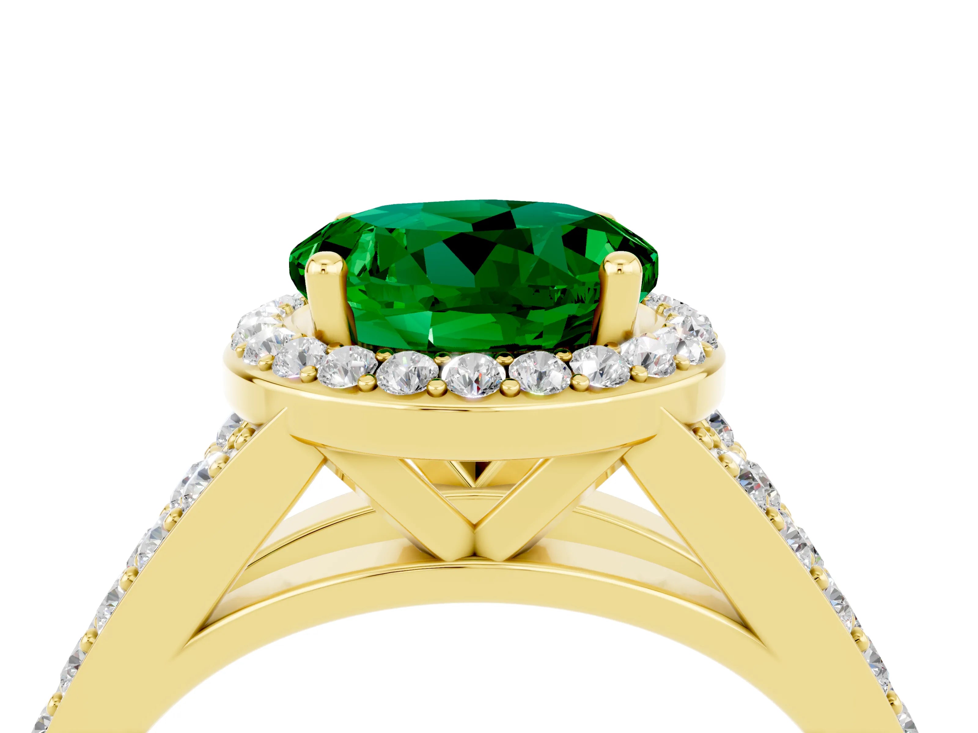 Yellow gold Round Cut Emerald Split Shank Halo Ring with Four-Prong Setting_16