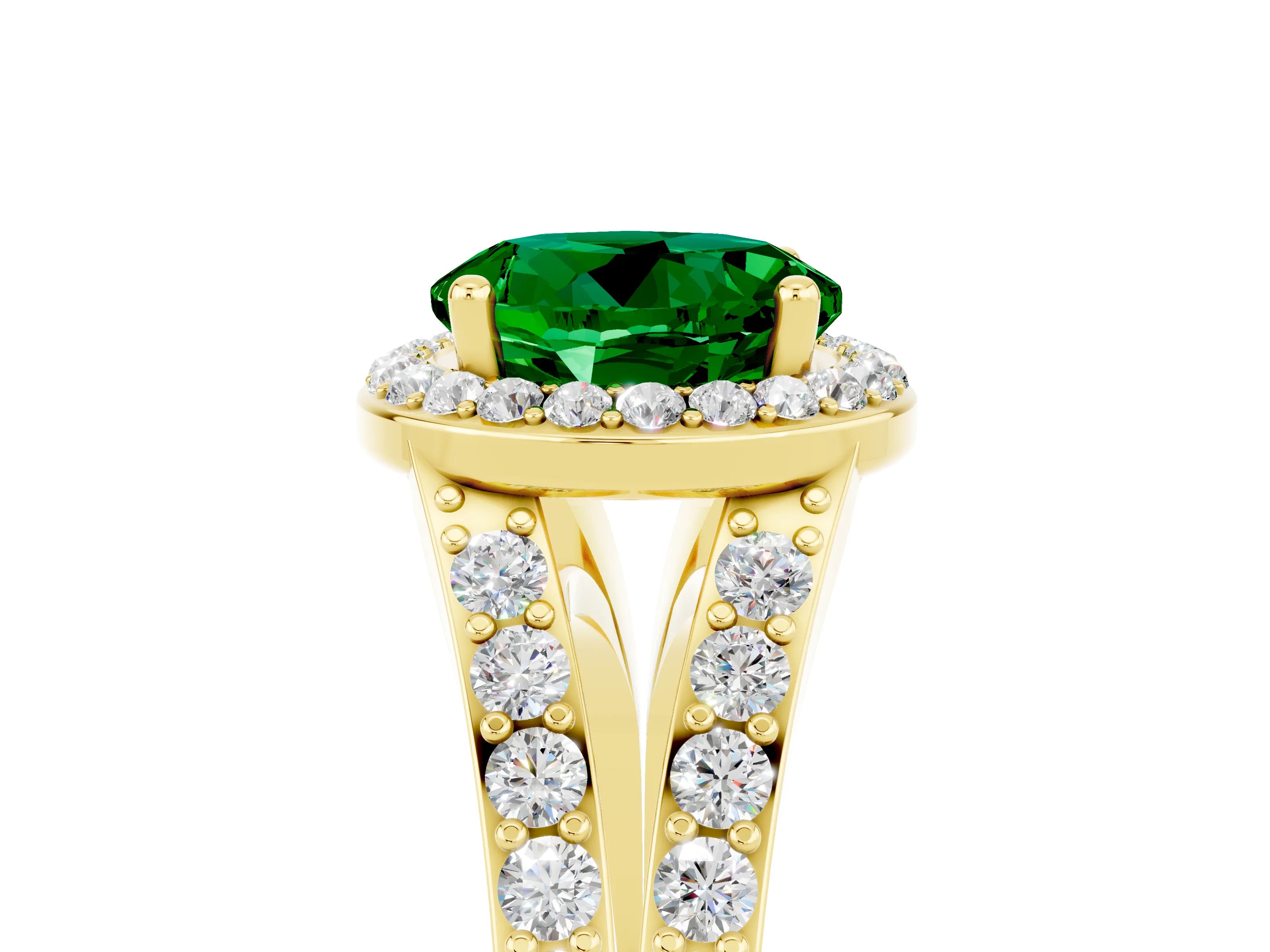 Yellow gold Round Cut Emerald Split Shank Halo Ring with Four-Prong Setting_17