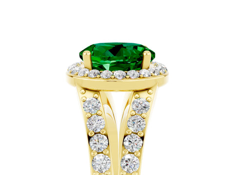 Yellow gold Round Cut Emerald Split Shank Halo Ring with Four-Prong Setting_17