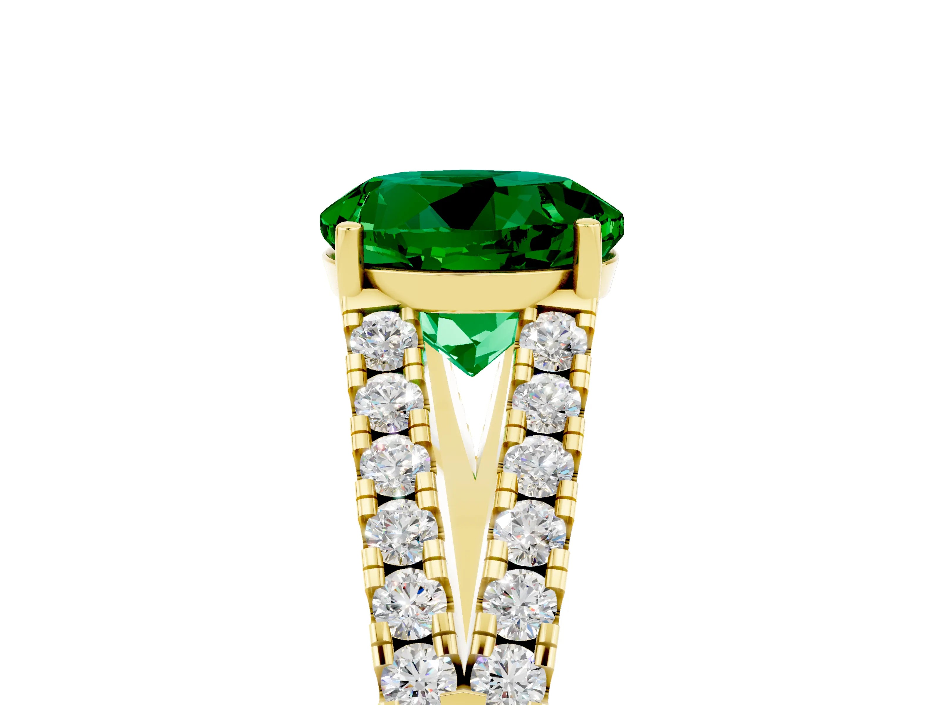 Yellow gold Round Cut Emerald Split Shank Pavé Engagement Ring with Four-Prong Setting_17