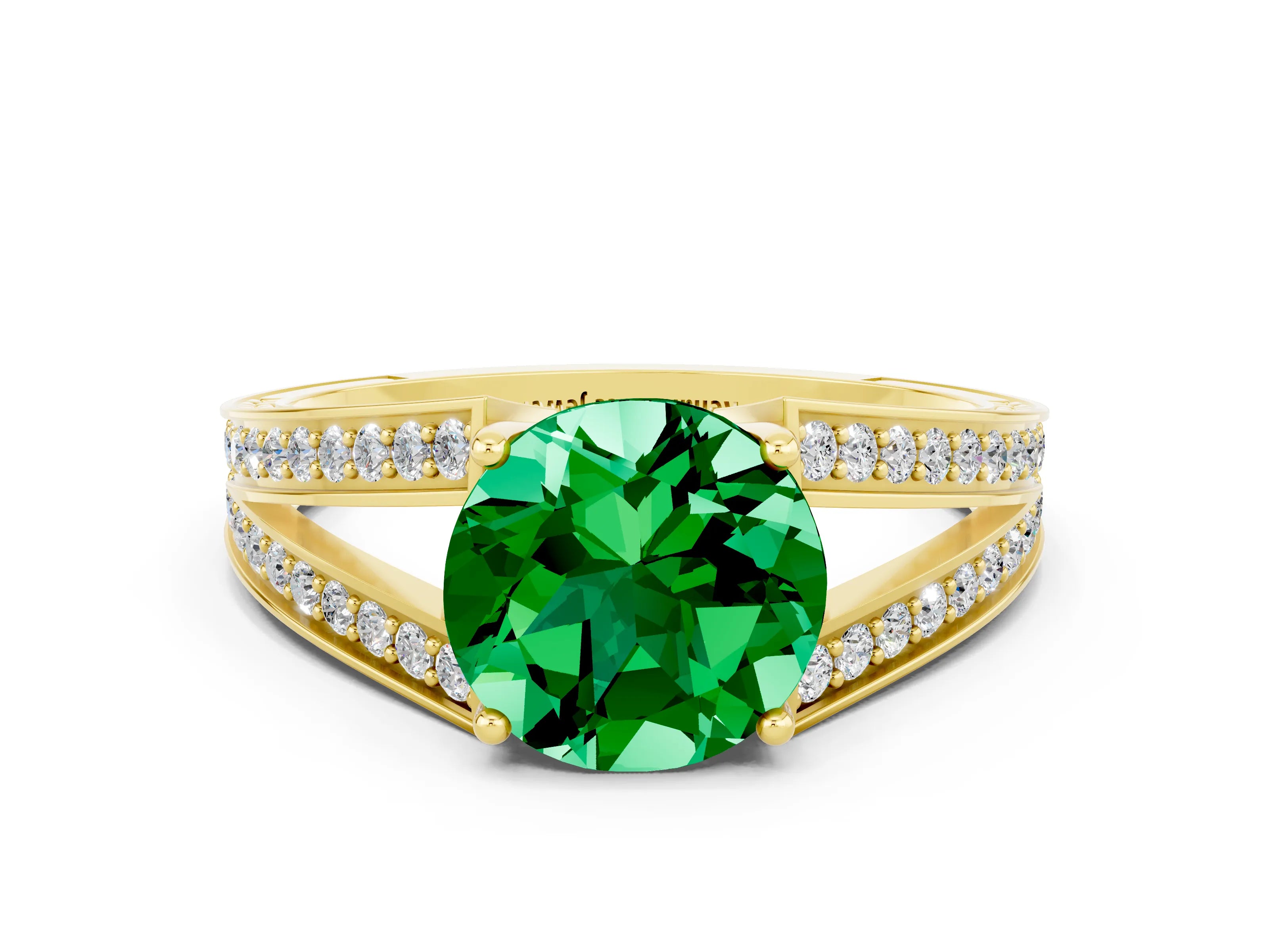 Yellow gold Round Cut Emerald Split Shank Ring with Pavé Band and Four-Prong Setting