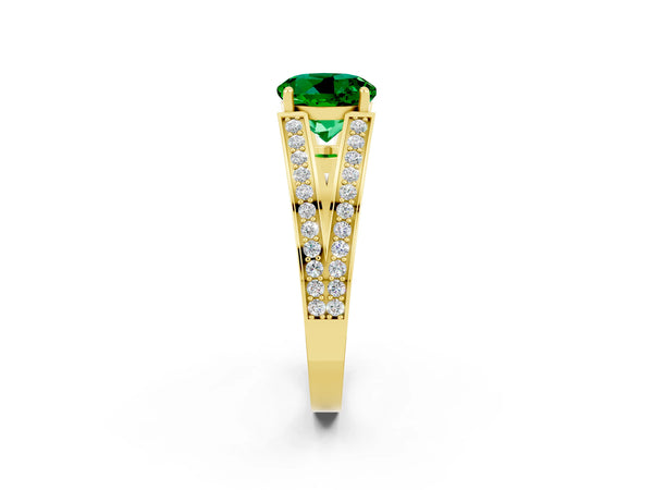 Yellow gold Round Cut Emerald Split Shank Ring with Pavé Band and Four-Prong Setting