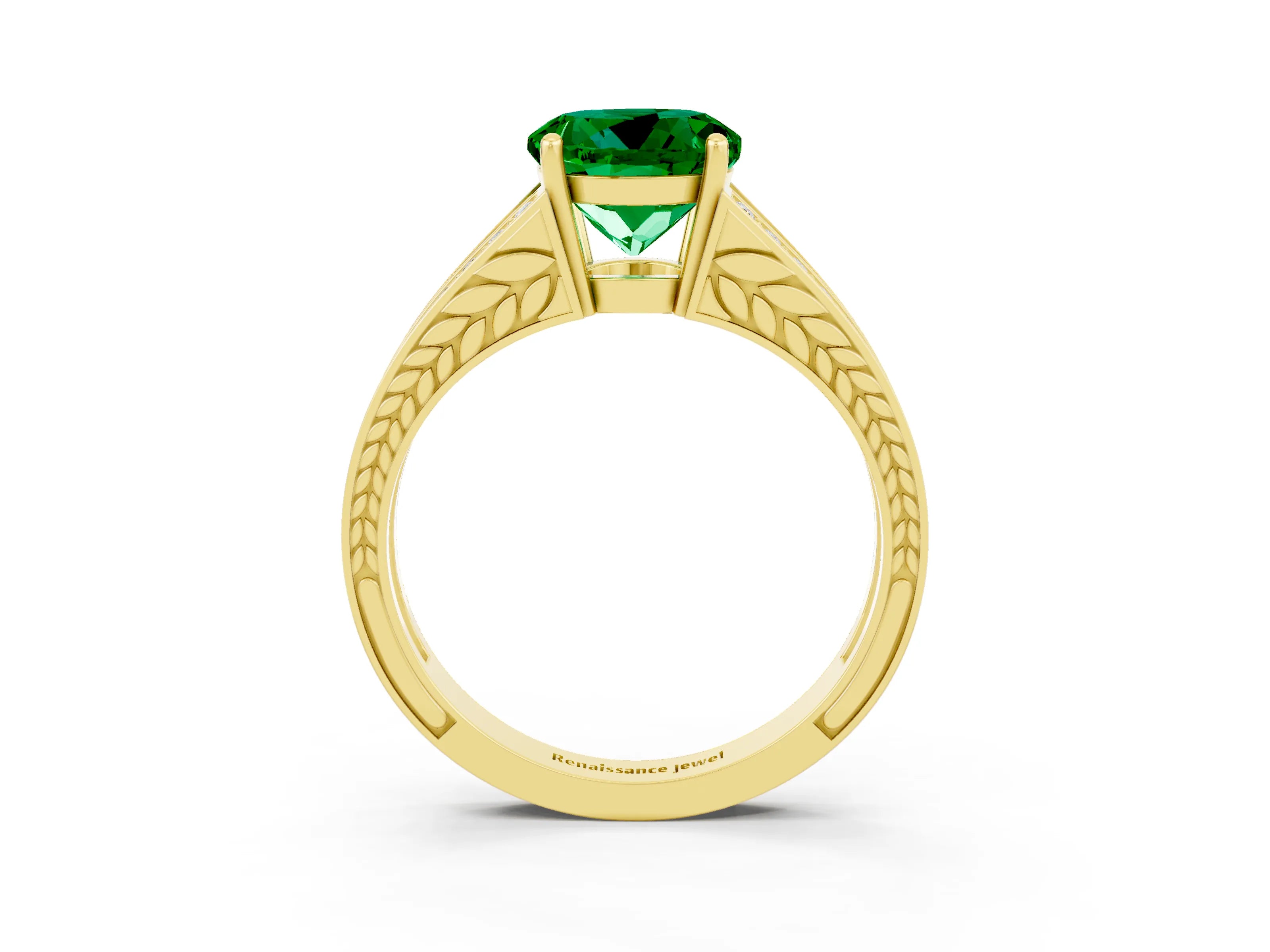 Yellow gold Round Cut Emerald Split Shank Ring with Pavé Band and Four-Prong Setting_3