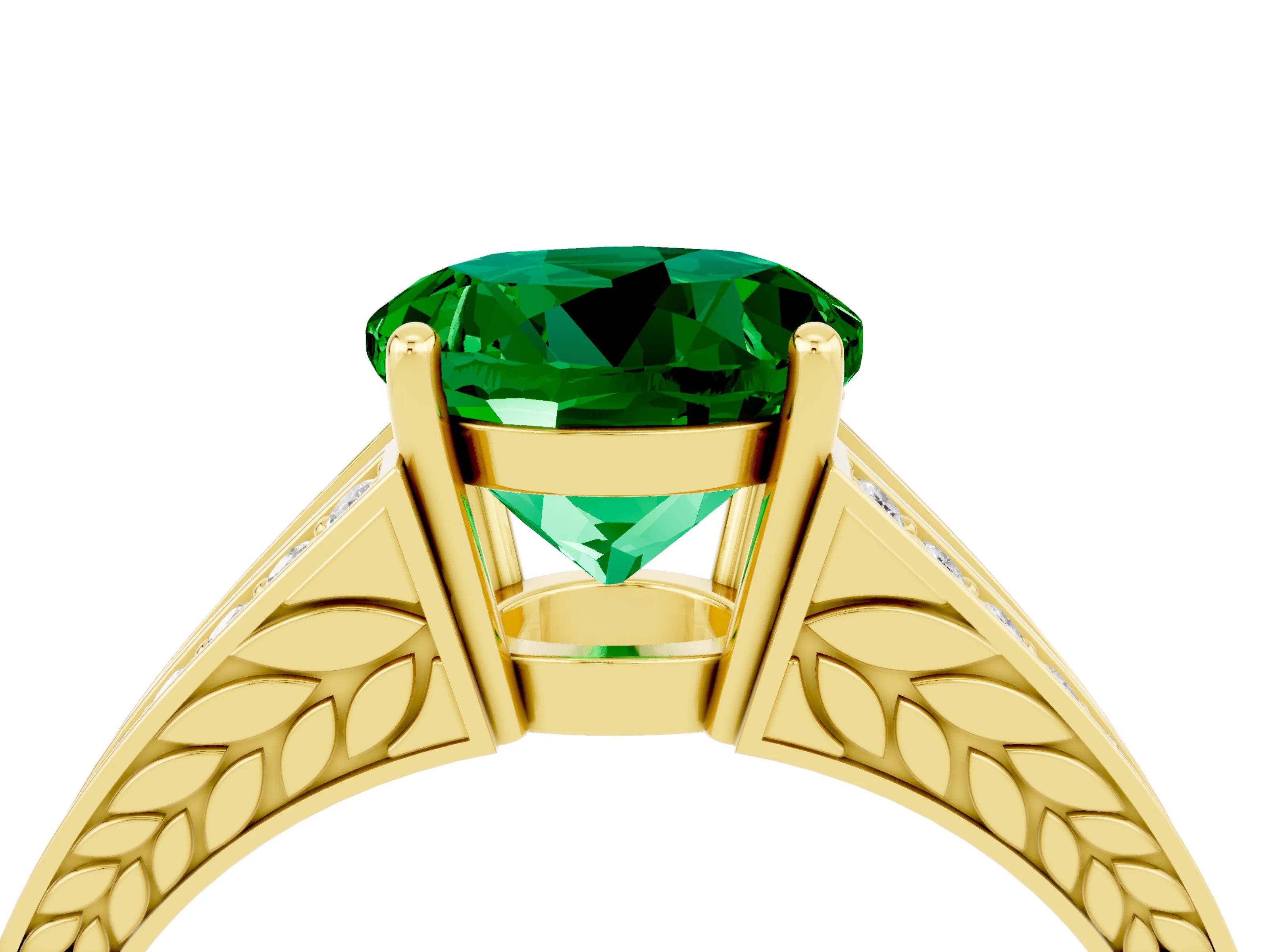 Yellow gold Round Cut Emerald Split Shank Ring with Pavé Band and Four-Prong Setting_4
