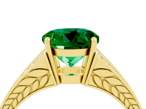 Yellow gold Round Cut Emerald Split Shank Ring with Pavé Band and Four-Prong Setting_4