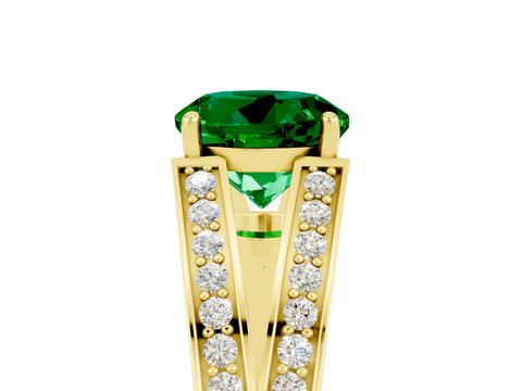 Yellow gold Round Cut Emerald Split Shank Ring with Pavé Band and Four-Prong Setting_5
