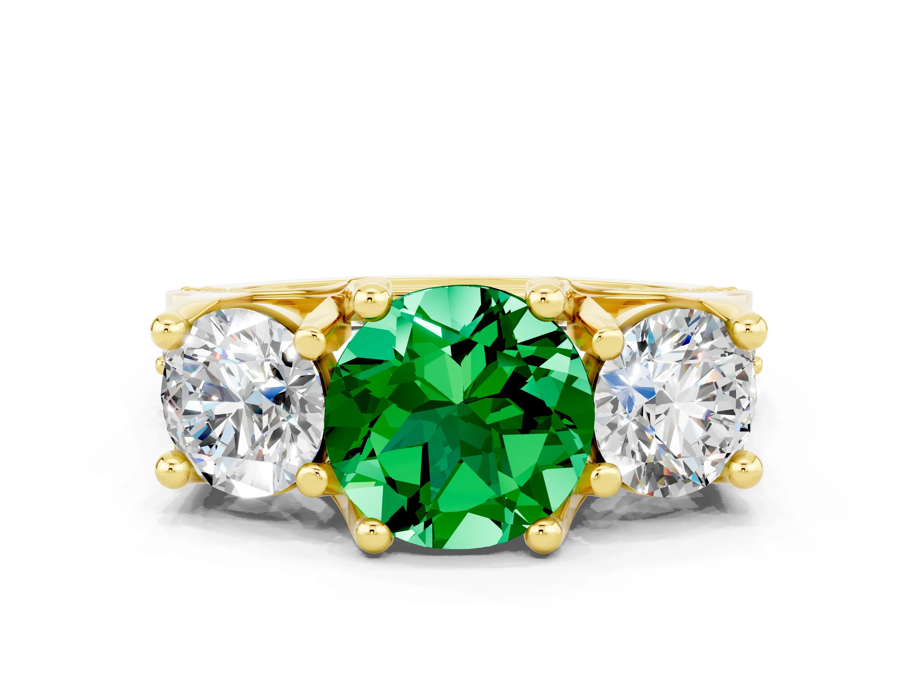 Yellow gold Round Cut Emerald Three-Stone Ring with Channel Set Band and Four-Prong Setting