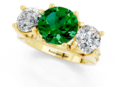 Yellow gold Round Cut Emerald Three-Stone Ring with Channel Set Band and Four-Prong Setting_1