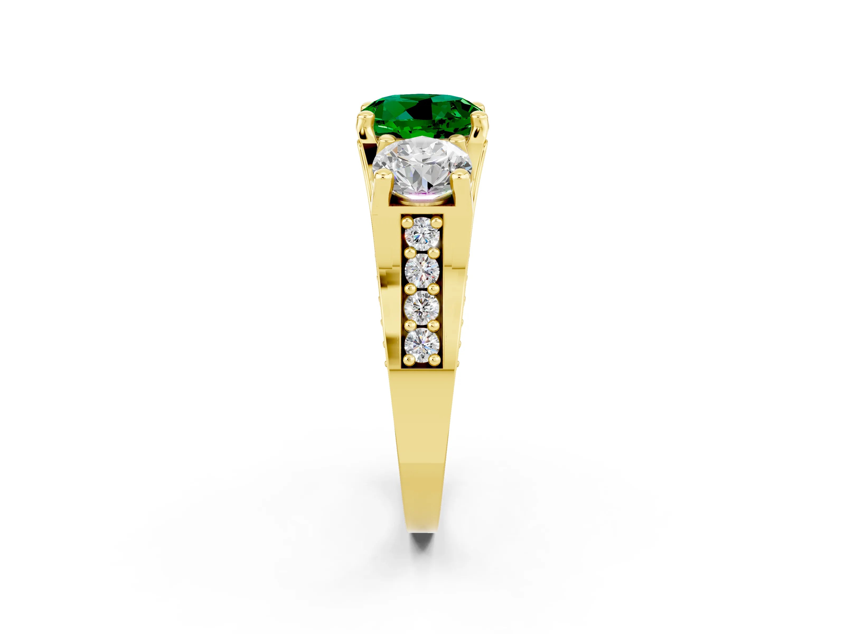 Yellow gold Round Cut Emerald Three-Stone Ring with Channel Set Band and Four-Prong Setting_2