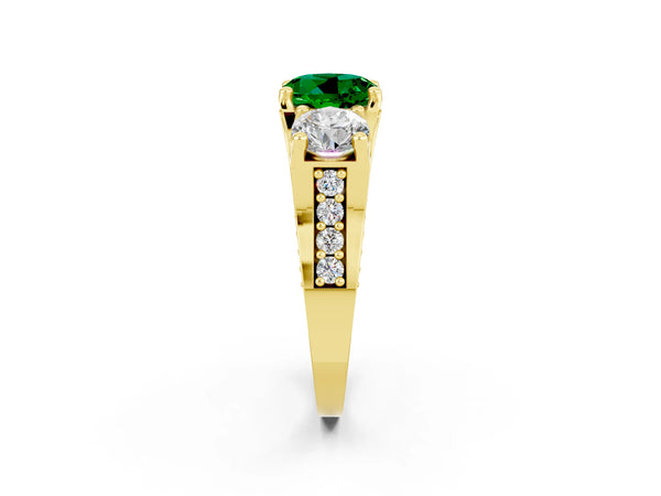 Yellow gold Round Cut Emerald Three-Stone Ring with Channel Set Band and Four-Prong Setting