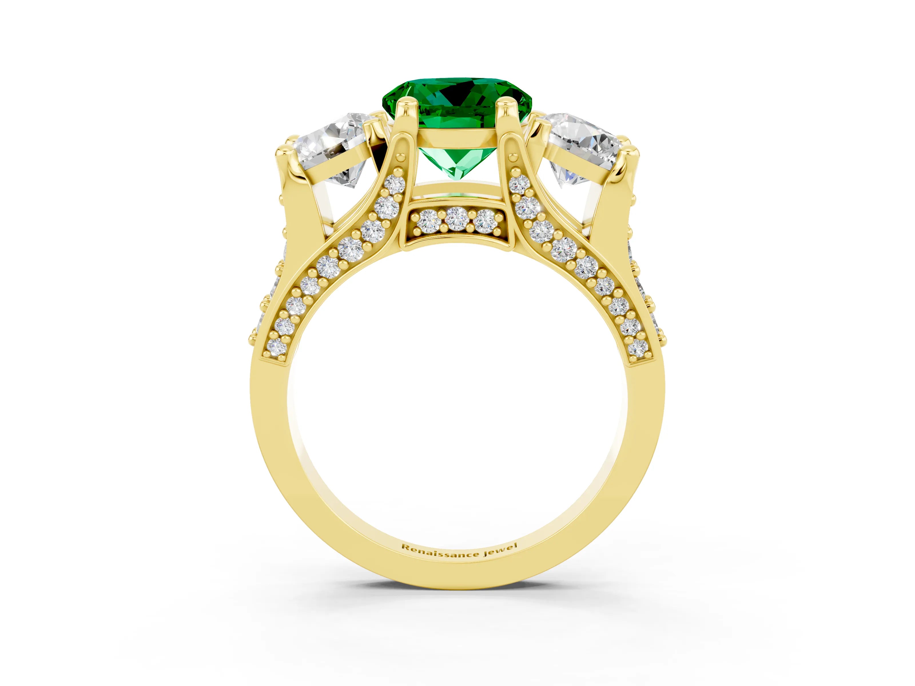 Yellow gold Round Cut Emerald Three-Stone Ring with Channel Set Band and Four-Prong Setting_3