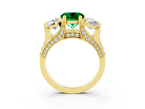 Yellow gold Round Cut Emerald Three-Stone Ring with Channel Set Band and Four-Prong Setting_3