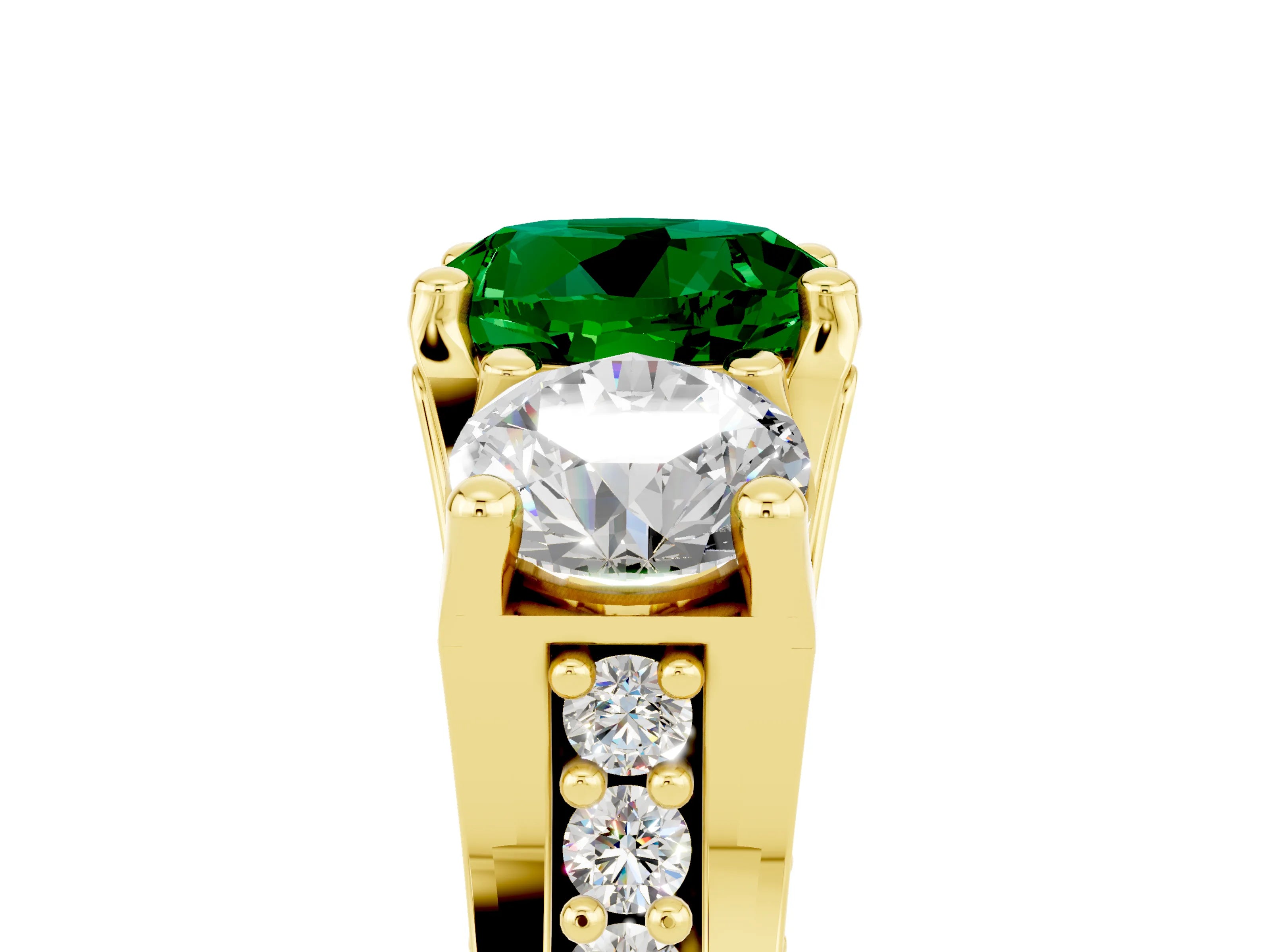 Yellow gold Round Cut Emerald Three-Stone Ring with Channel Set Band and Four-Prong Setting_5