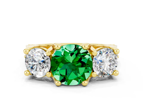 Yellow gold Round Cut Emerald Three-Stone Ring with Channel Set Band and Four-Prong Setting