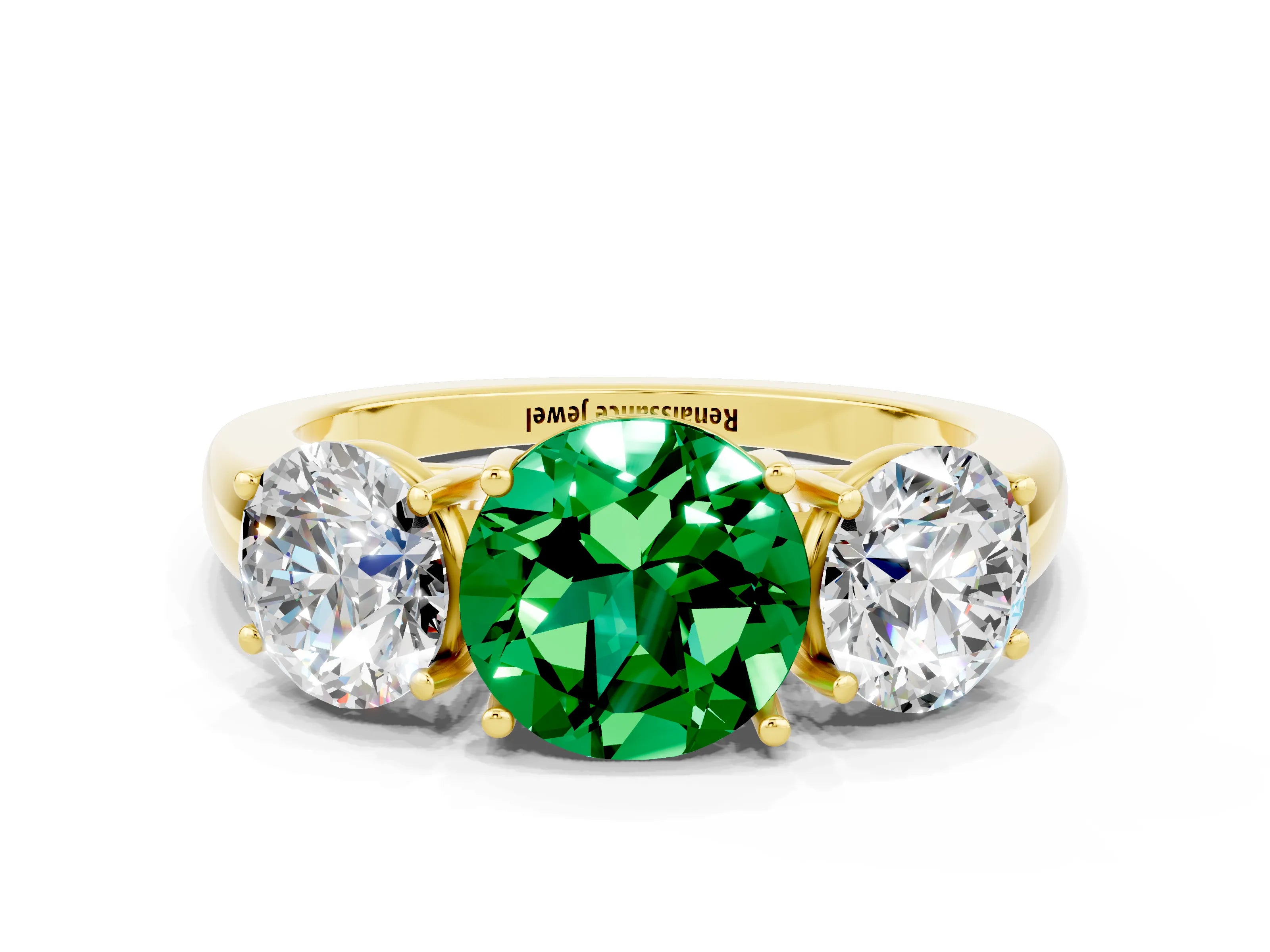 Yellow gold Round Cut Emerald Three-Stone Ring with Four-Prong Setting and Classic Band