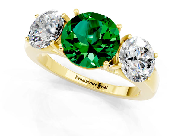 Yellow gold Round Cut Emerald Three-Stone Ring with Four-Prong Setting and Classic Band