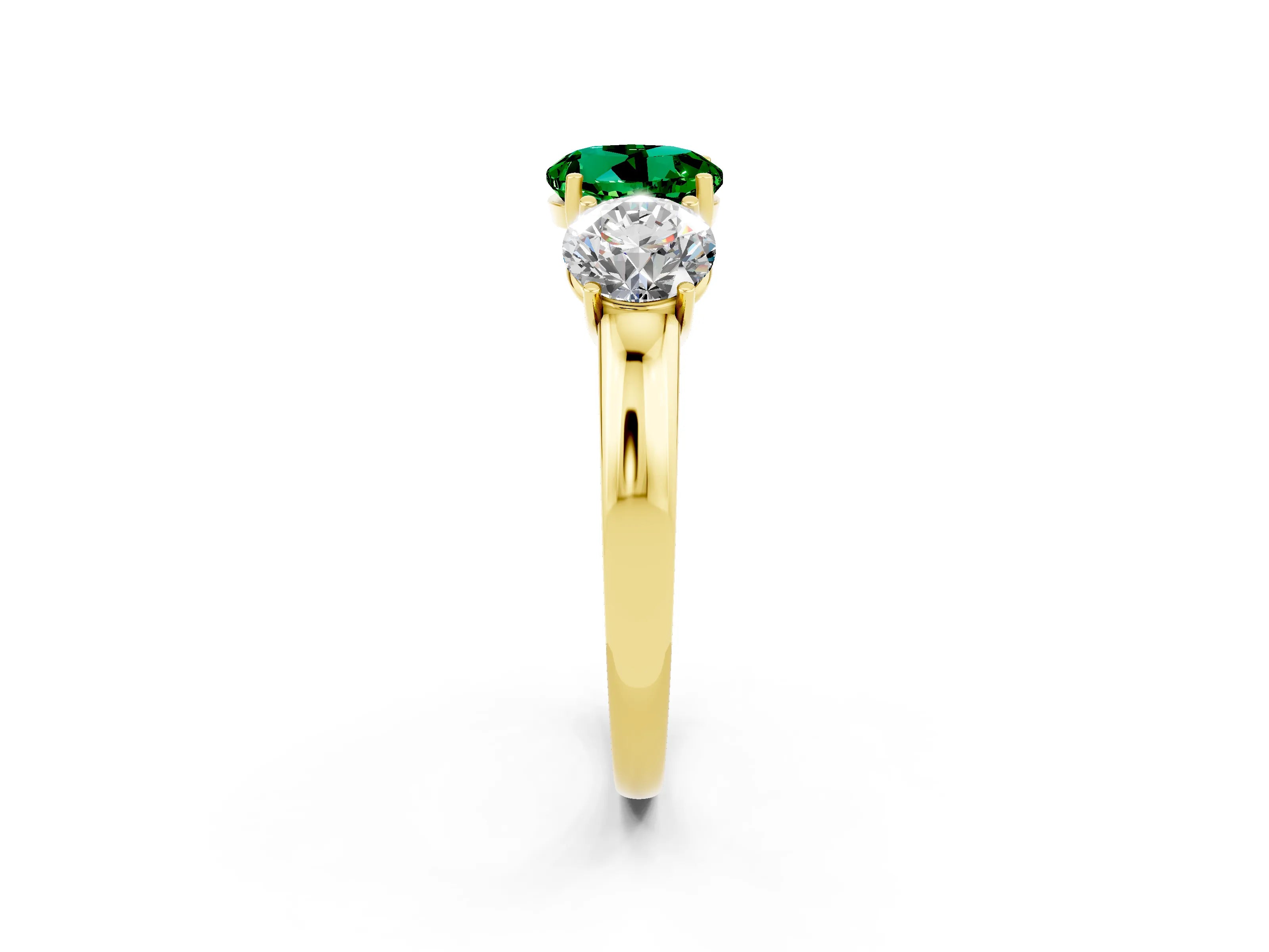 Yellow gold Round Cut Emerald Three-Stone Ring with Four-Prong Setting and Classic Band_2