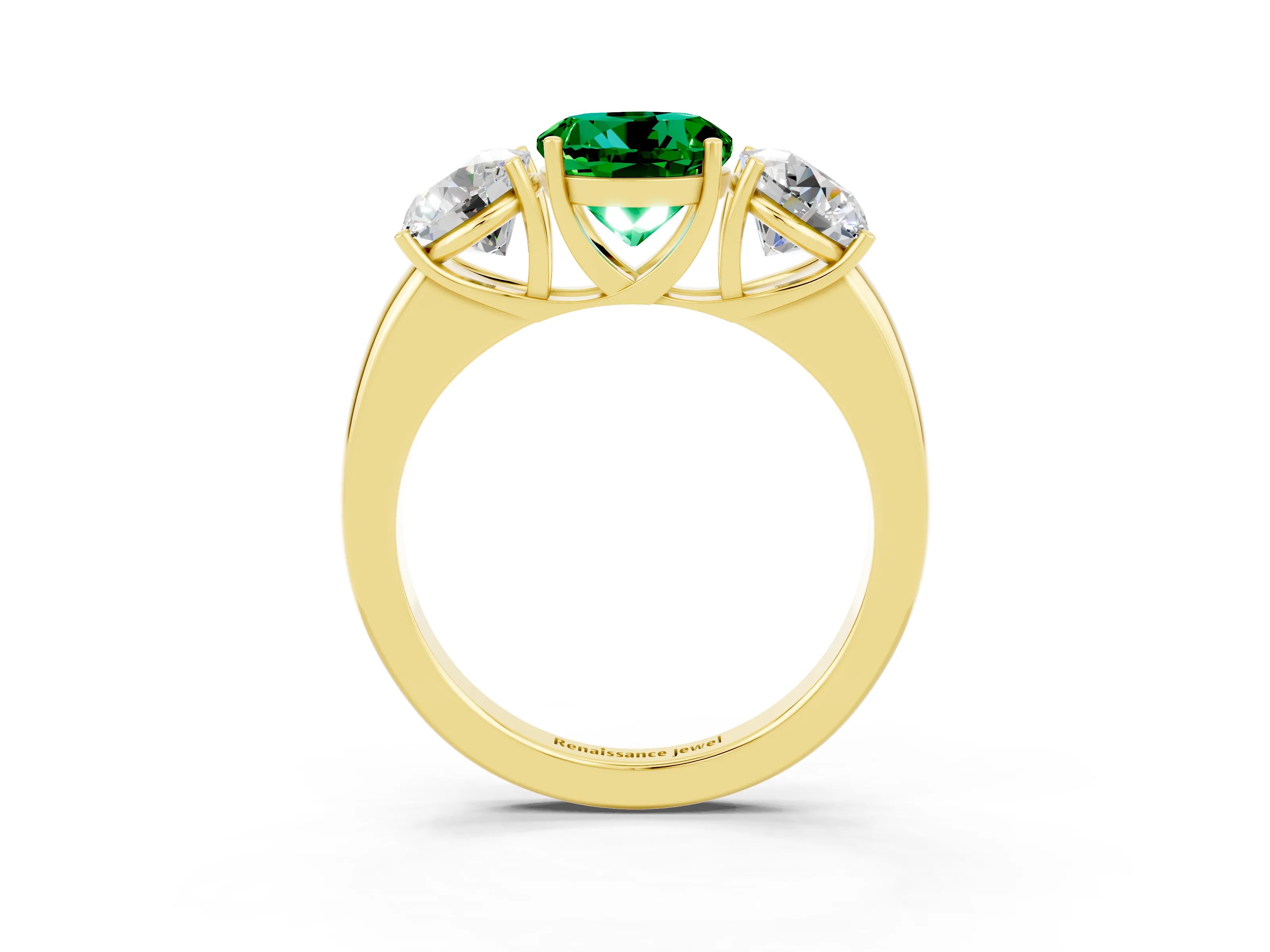 Yellow gold Round Cut Emerald Three-Stone Ring with Four-Prong Setting and Classic Band_3