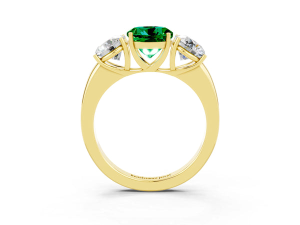 Yellow gold Round Cut Emerald Three-Stone Ring with Four-Prong Setting and Classic Band