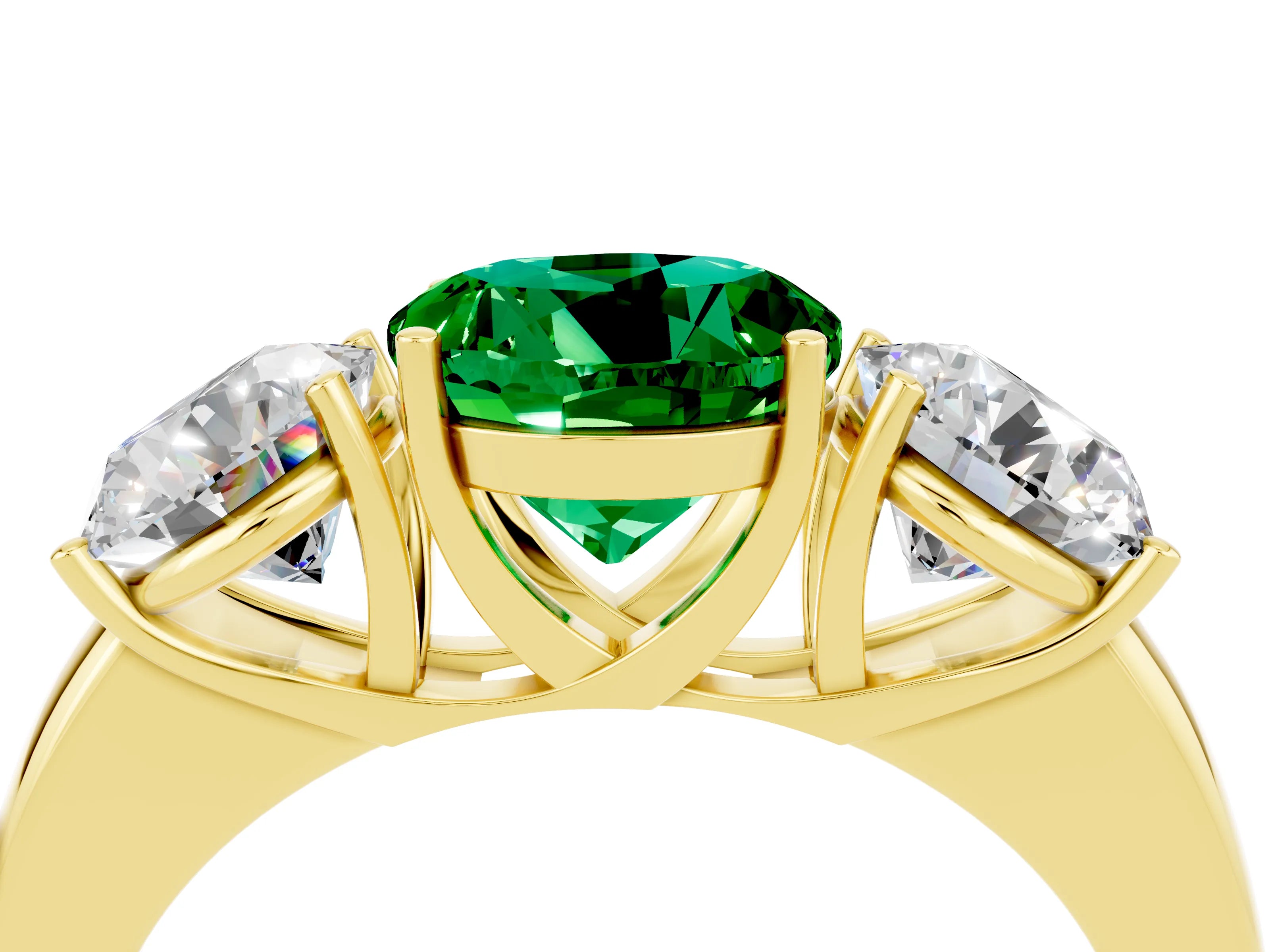 Yellow gold Round Cut Emerald Three-Stone Ring with Four-Prong Setting and Classic Band_4