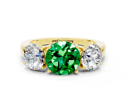 Yellow gold Round Cut Emerald Three-Stone Ring with Four-Prong Setting and Classic Band
