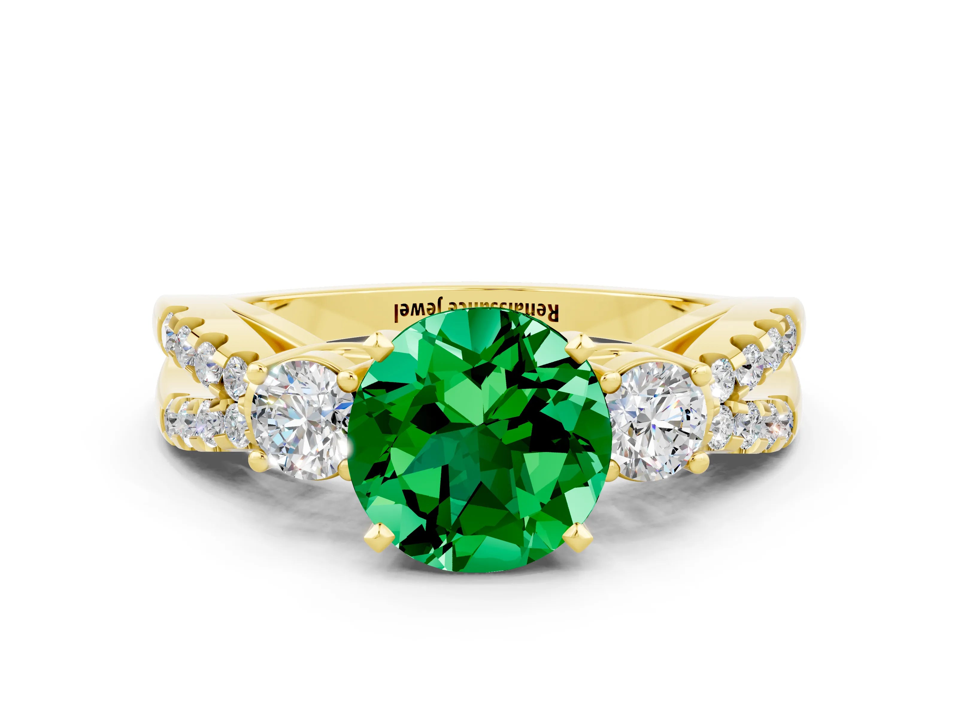 Yellow gold Round Cut Emerald Three-Stone Ring with Pavé Split Shank and Four-Prong Setting