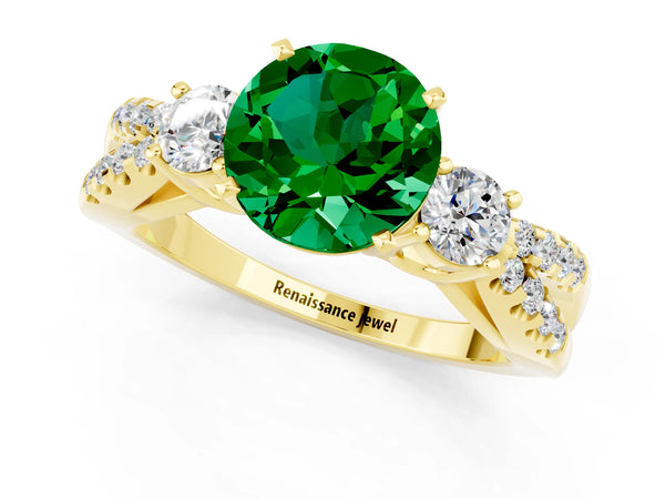 Yellow gold Round Cut Emerald Three-Stone Ring with Pavé Split Shank and Four-Prong Setting