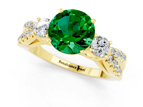 Yellow gold Round Cut Emerald Three-Stone Ring with Pavé Split Shank and Four-Prong Setting_1