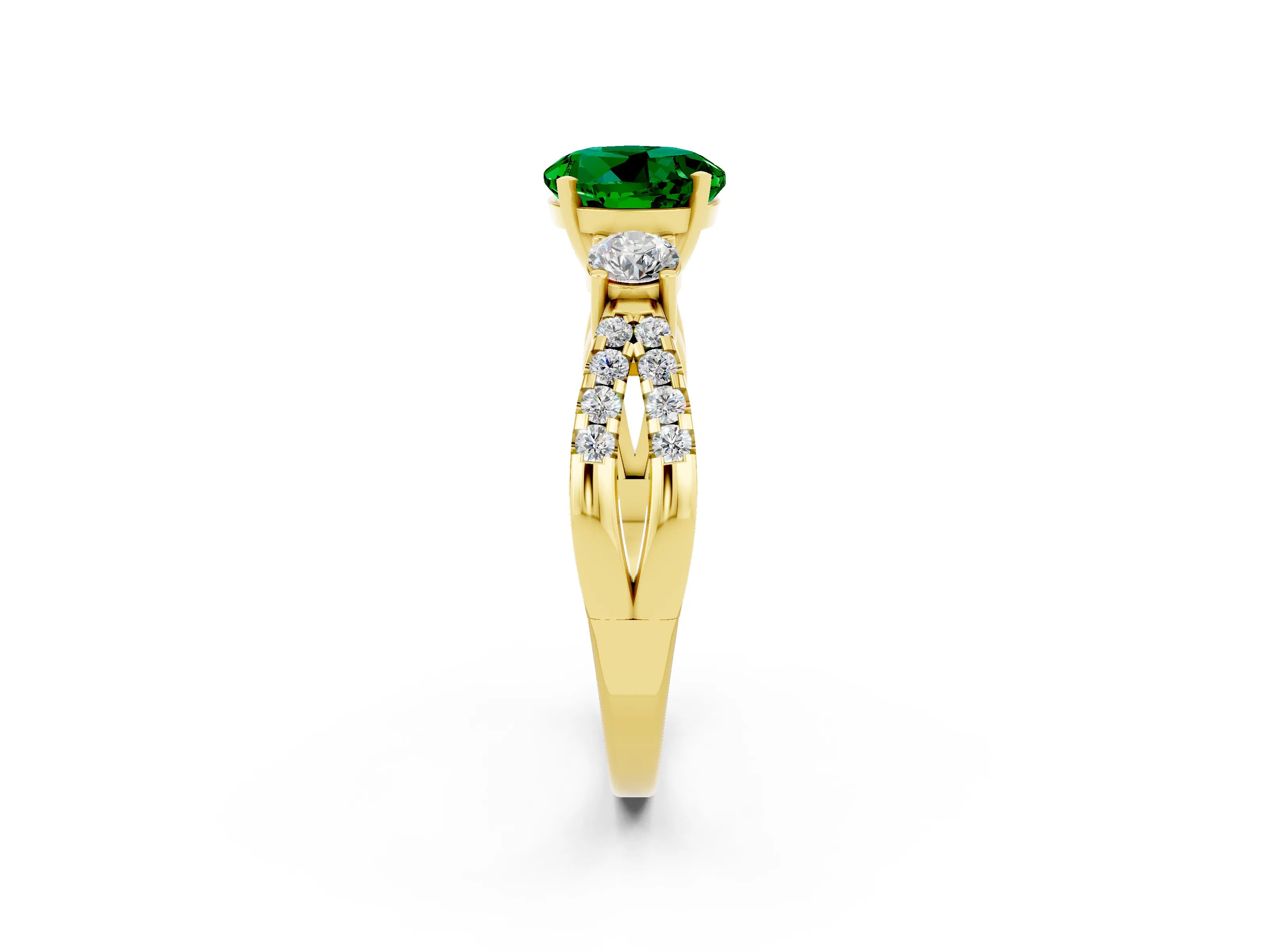 Yellow gold Round Cut Emerald Three-Stone Ring with Pavé Split Shank and Four-Prong Setting_2