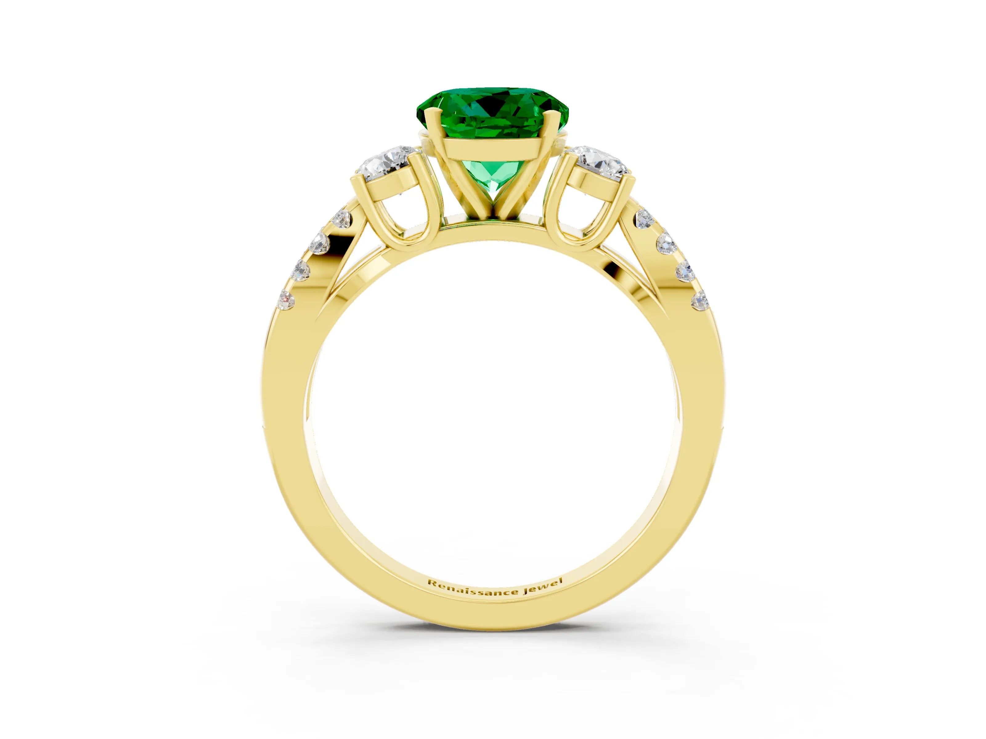 Yellow gold Round Cut Emerald Three-Stone Ring with Pavé Split Shank and Four-Prong Setting_3